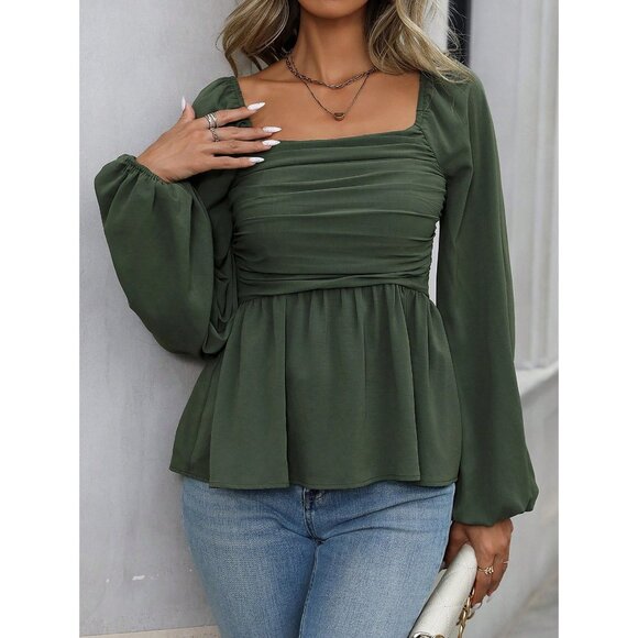 WILA Tops - Long sleevee ruched bust peplum babydoll blouse green